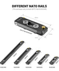 Badass Low Profile NATO Rail Quick Release Safety Mount Fifty Millimeter Long Camera Cage Accessory With Standard Thumbscrews shown with dimensions.