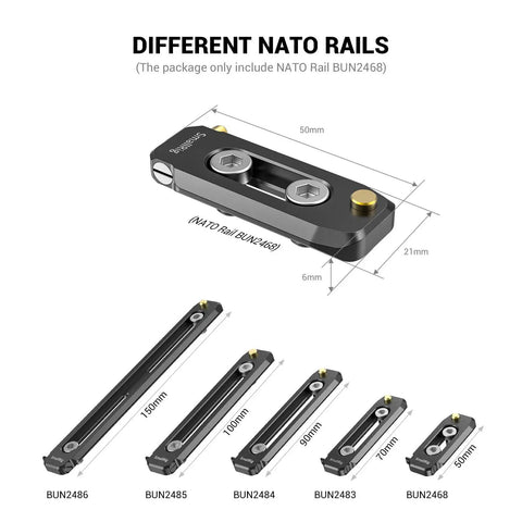 Badass Low Profile NATO Rail Quick Release Safety Mount Fifty Millimeter Long Camera Cage Accessory With Standard Thumbscrews shown with dimensions.