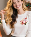 Model wearing white shirt with festive dessert cup design, part of 12 Piece Dessert Cup Iron On Transfer Kit For Christmas Festive Dessert Cup Designs DIY Heat Transfer Stickers For T Shirts Washable Iron On Decals DTF Transfers Ready To Press For Holiday Party Clothing Caps.