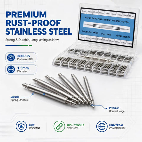 Top Shelf 360 Piece Watch Band Pins With Heavy Duty Link Pin Remover Tool For Quick Swap Adjustments And Rock Solid 316 Stainless Steel fixes.