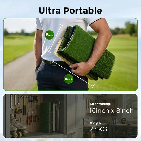 4 In 1 Foldable Heavy Duty Golf Hitting Mat With Sand And Tee Turf shown folded, carried by person, dimensions 16x8 inches.