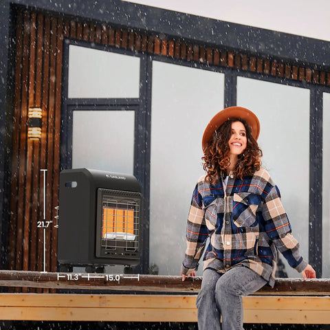Portable Propane Radiant Heater With 18000 BTU For Warmth Up To 450 Sq Ft near a seated person outdoors