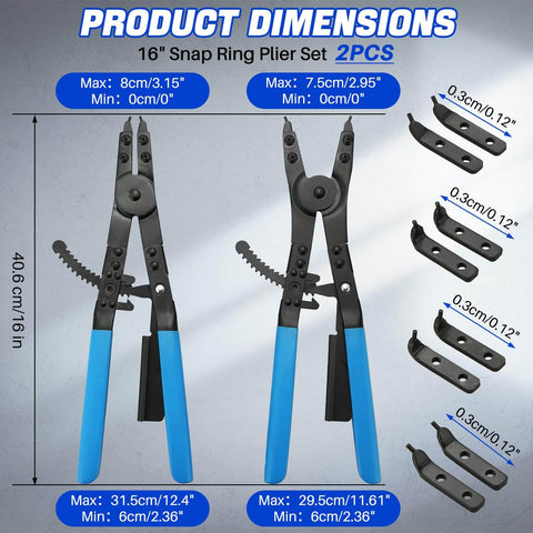 Heavy Duty 16 Inch Snap Ring Plier Set With Internal And External Circlip Pliers Straight And Angled Jaws Includes Four Quick Change Tips Two 45 Degree And Two 90 Degree For Easy Install And Removal Of Snap Rings product image