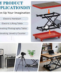 Cool Electric Scissor Lift Table With Remote Control Height Adjustable Lifting Platform shown in various applications like jewelry counter and photography.