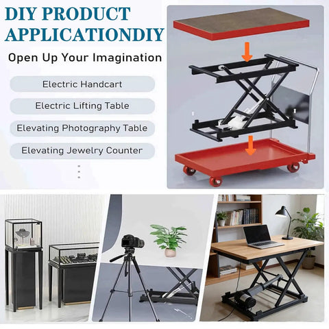 Cool Electric Scissor Lift Table With Remote Control Height Adjustable Lifting Platform shown in various applications like jewelry counter and photography.