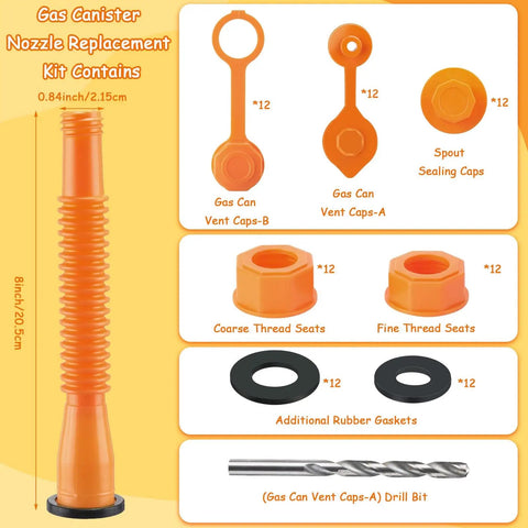 12 Pack Gas Can Spout Replacement Kit With Bendable Nozzle Screw Collar Caps Gasket Stoppers And Vent Caps For Most Oil Gas Water Cans Orange For Home Use, showing orange spouts, caps, and gaskets
