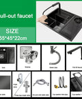 Stainless Steel Kitchen Sink Faucet with Pull Down Sprayer 18 Gauge Modern Design, showing components and size 55*45*22cm.