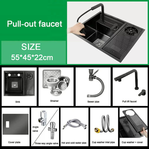 Stainless Steel Kitchen Sink Faucet with Pull Down Sprayer 18 Gauge Modern Design, showing components and size 55*45*22cm.