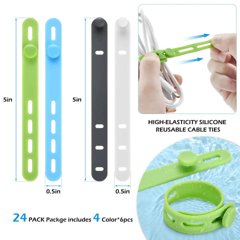 24 Pack Silicone Cable Ties For Desk Setup Reusable Soft Silicone Cord Wraps 5 Inch Length Four Color Assortment Cable Organizer That Keeps Cables Neat As A Pin And Protected, showing ties in four colors and adjustable feature.