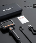 Two Way Articulating Borescope With Light For Tight Spaces Go To Tool 210 Degree Sweep Endoscope Camera 1080P With 4.3 Inch IPS Screen 0.33 Inch Semi Rigid Probe 32GB Memory 5.5 Foot Cable Ideal For Automotive Engine HVAC And Wall Inspections. Kit with case, 32GB card, cable, and manual