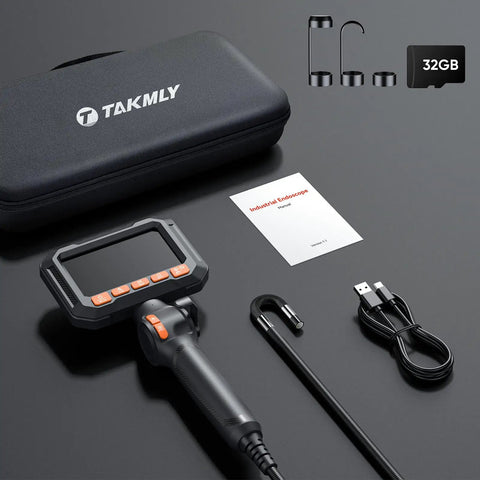 Two Way Articulating Borescope With Light For Tight Spaces Go To Tool 210 Degree Sweep Endoscope Camera 1080P With 4.3 Inch IPS Screen 0.33 Inch Semi Rigid Probe 32GB Memory 5.5 Foot Cable Ideal For Automotive Engine HVAC And Wall Inspections. Kit with case, 32GB card, cable, and manual