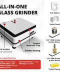 Stained Glass Grinder For Shaping And Drilling With Dual Bit Gear Using Three Quarter Inch And One Quarter Inch Diamond Grinding Bits And 100 Grit Diamond Bits For Smooth Edges 115 Volt Only White And Red shown with accessories and specifications.