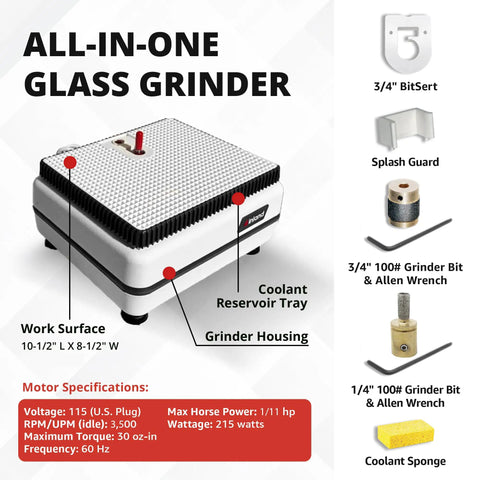Stained Glass Grinder For Shaping And Drilling With Dual Bit Gear Using Three Quarter Inch And One Quarter Inch Diamond Grinding Bits And 100 Grit Diamond Bits For Smooth Edges 115 Volt Only White And Red shown with accessories and specifications.