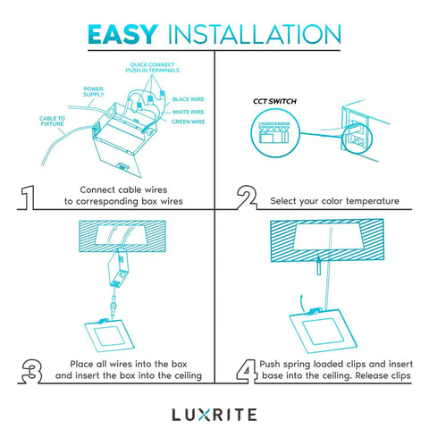 Easy installation guide for 4 Inch Ultra Thin Square LED Recessed Light With J Box Dimmable 12W Five Color Temperature Options From 2700K To 5000K 950 Lumens Wet Rated IC Rated Energy Star Pack Of Six.