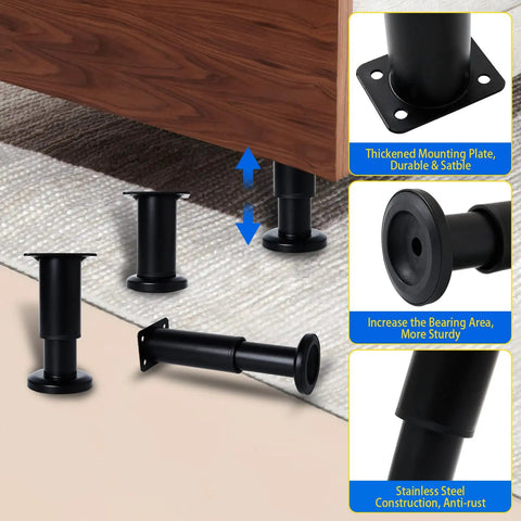 Heavy Duty Adjustable Furniture Support Legs Set, 4 Pack With Screws, Height Range 3.15 To 4.72 Inches, Black metal legs installed