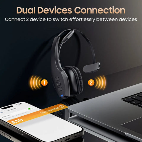Trucker Bluetooth Headset With Dual Noise Canceling Microphone And Mute Button Features 55 Hour Battery Life For Truck Drivers