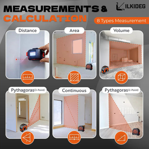4-In-1 Digital Laser Tape Measure Multitool Pen With 196ft Laser Range And 16ft Tape Crosshair Line Laser Level Area Volume Pythagorean Calculator Handy Woodworking D I Y E D C Tool For Pros and Home Projects, shown measuring distance, area, and volume