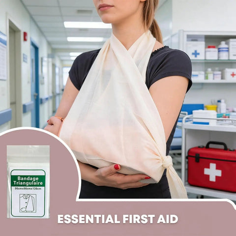 Woman with arm in triangular bandage in medical setting with first aid supplies