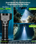 DL05 6000LM Scuba Dive Light dual-beam performance underwater scenes showing floodlight and spotlight capabilities