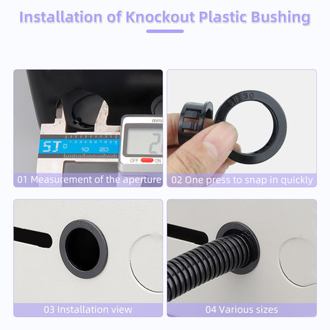 Installation steps for 15 Pack Black Snap In Knockout Bushings For Wiring And Hoses, 35 Mm Mounting Diameter, nylon grommets