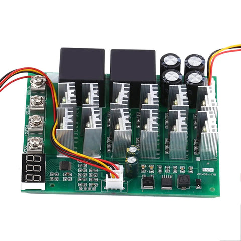DC Motor Speed Controller With Digital Display And Reversible Drive For Industrial Automation And DIY Projects, 10V To 55V Input, 60A Capacity, Clear Speed Readout, Easy Direction Change, Rugged Circuit Board, green PCB with heatsinks