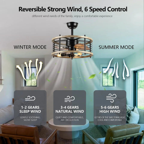 20 Inch Enclosed Bladeless Caged Ceiling Fan With Remote Control in a room, showing winter and summer modes, light and wood blades.