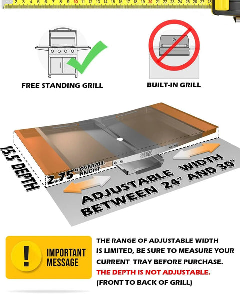 Grease Tray With Catch Pan For 24 To 30 Inch Gas Grills Universal Drip Pan Replacement, showing adjustable width and depth details