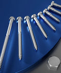 Heavy Duty Stainless Lag Screws Set 55 Pieces Quarter Inch By Two Inch Black Hex Head Wood Screws displayed on blue surface