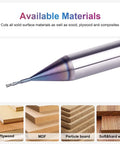 Pro Grade Solid Carbide Down Cut Cnc Router Bit Featuring Rock Solid 1/4 Inch Shank And Precision 1/32 Inch Width, cuts various wood types.