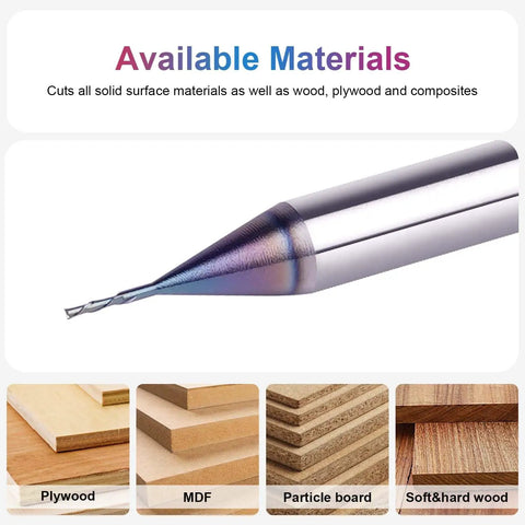 Pro Grade Solid Carbide Down Cut Cnc Router Bit Featuring Rock Solid 1/4 Inch Shank And Precision 1/32 Inch Width, cuts various wood types.