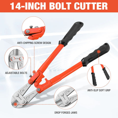 14-inch bolt cutter with anti-chipping screw, adjustable bolts, anti-slip grip, Beefy Heavy Duty Bolt Cutter Set 3 Piece With Carrying Bag