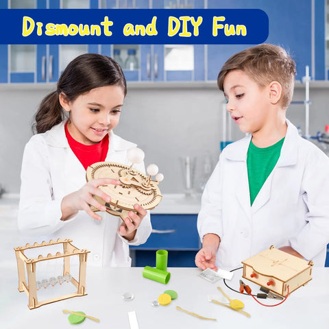Children exploring the Six In One STEM Kit For Kids With Hands On Experiments Like Hydraulic Excavator Newtons Cradle Space Model