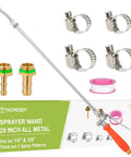 All Metal 29 Inch Sprayer Wand For Tank Sprayers With Stainless Steel Extension Tubes And Brass Barbs One Quarter Inch And Three Eighths Inch Joints Heavy Duty Lawn Care And Plant Watering Accessory with hose clamps and sealing tape on a white background.