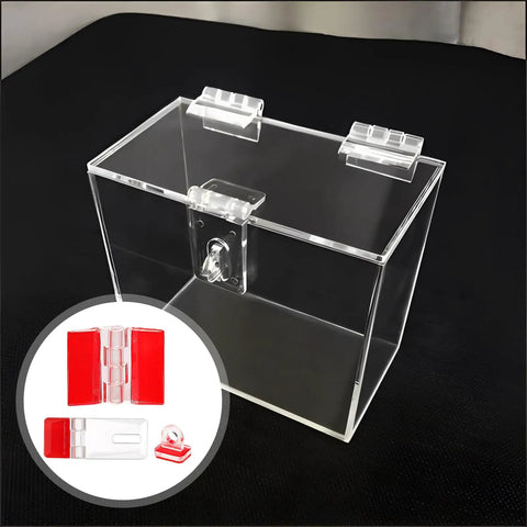 Slick Transparent Acrylic Hinges And Self Adhesive Latch Buckles Kit for secure closure on clear acrylic box, 40mm x 14mm size.