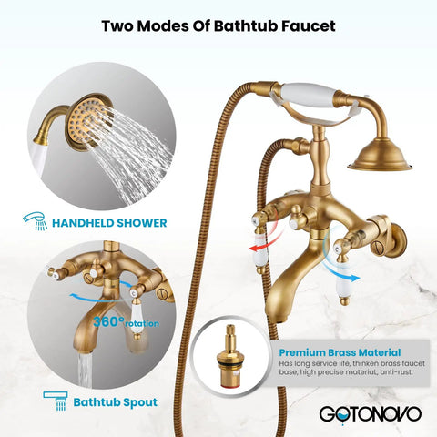 Antique Brass Clawfoot Bathtub Faucet With Wall Mount Handheld Shower Set Double Lever Handle Solid Brass Bath Tap