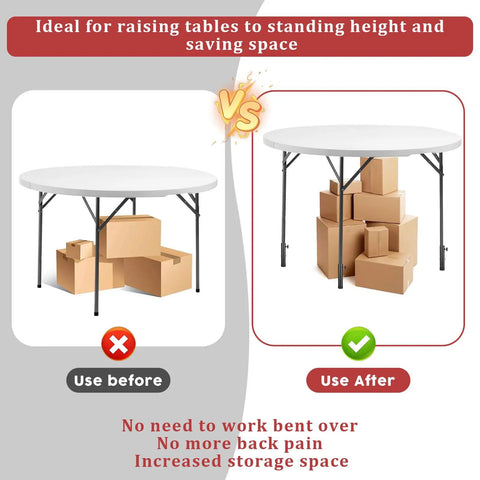 4 Pack Adjustable Table Leg Extenders Heavy Duty Steel Chair Risers Drop The Wobble And Level Up Your Folding Tables With This Beefy Setup That Really Nails It showing before and after lifting table for better storage.