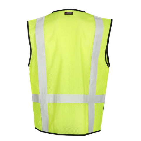 Boss Level Hi Vis Reflective Safety Vest Built Different To Keep You On Point All Shift Long With Durable Zipper Closure And Smart Black Bottom Mesh Panels For Road Work Projects back view with reflective stripes