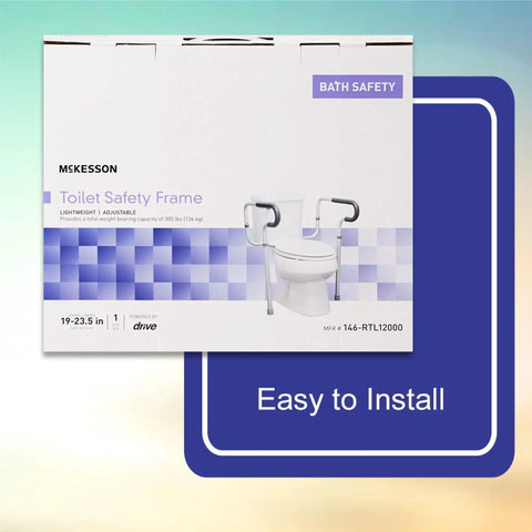 Adjustable Toilet Safety Frame And Rail With Padded Waterfall Armrests Gives You Straight Up Stable Balance As A No Fuss Heavy Duty Bathroom Assist Handle For Seniors packaging showing adjustable sizing and weight capacity.