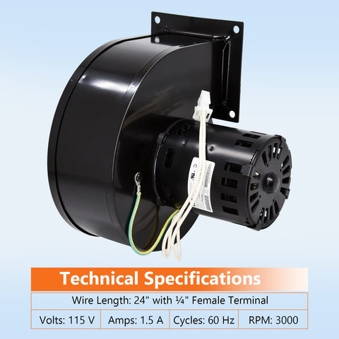 Convection Blower Replacement For Pellet Stoves That Fits Like A Boss 115V 1.5A 3000 RPM 24 Inch Wire With One Quarter Inch Female Terminal