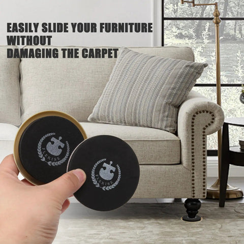 Hand holding round furniture sliders in front of a sofa, labeled for easy carpet use. Round 16 Piece Furniture Moving Kit With Pro Grade Felt Pads For Carpeted And Hard Floors Easy Glide Sliders To Protect Wood Tile And Laminate No Scratches Or Noise Reusable Floor Safe Furniture Sliders For Any Home.