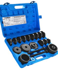 24 Piece Wheel Bearing Press Kit for Front Wheel Drive Vehicles Easy No Hassle Bearing Removal and Installation Without Hammering No Alignment Worries with Pro Grade Adapters Ranging From 2.19 to 3.47 Inches and a 7.5 Inch Long Screw in blue case