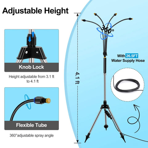 Adjustable Standing Misting System For Outdoor Patio, 4.1 Ft Height With Tripod Stand and 26.2 Ft Water Supply Line displayed.