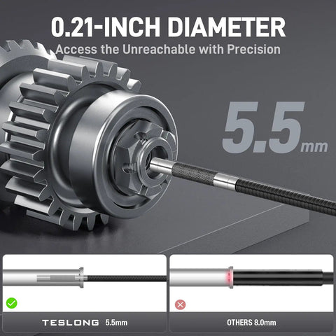 Two Way Articulating Borescope With 5 Inch IPS Screen 5.5mm Slim Probe inserted into mechanical gear