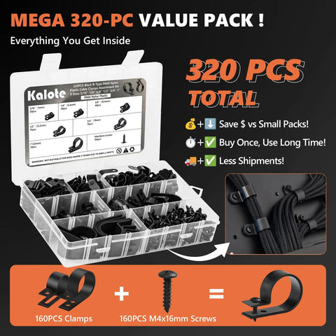 320 Piece Black Cable Clips Set, Six Size Assortment Three Sixteenth Inch To One Inch, PA66 Nylon Built Tough
