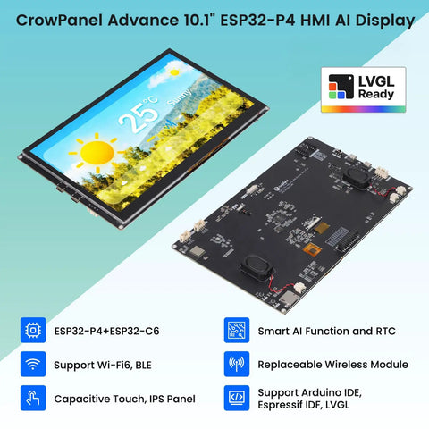Dope 10.1 Inch ESP32 P4 Touchscreen Display With AI Speech 1024x600 IPS HMI Dual Core Up To 400MHz board, front and back view