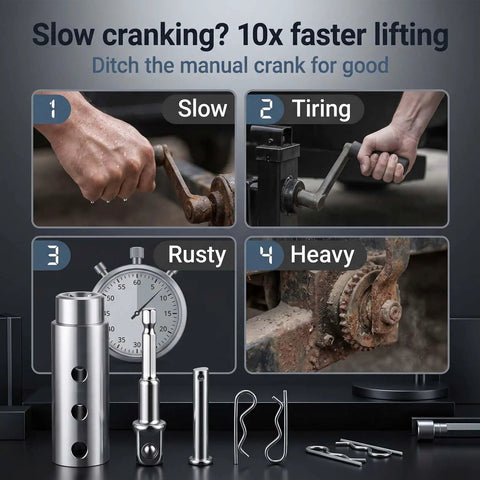 Image showing slow manual cranking vs heavy duty trailer jack drill adapter transforming lifting efficiency.