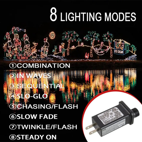 Your Go-To 30V 6W LED Transformer Replacement With 8-Mode Controller, IP44 Waterproof, shown with Christmas lights and modes list