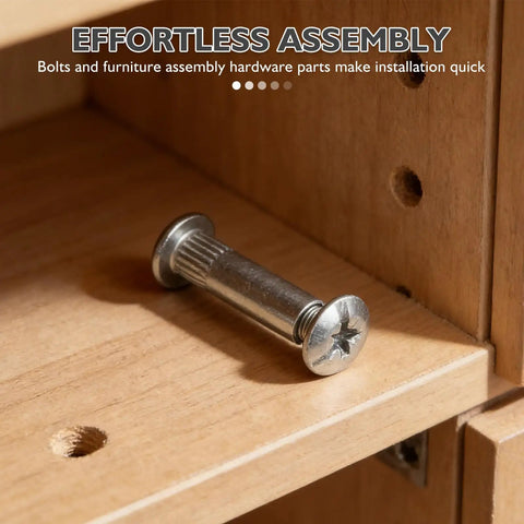 M6 Binding Screws 100 Pack Cold Rolled Steel Cabinet Connectors close-up view on wooden panel, ideal for furniture assembly.