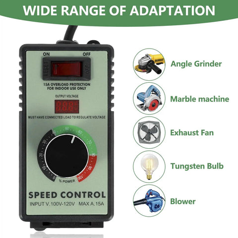 Sweet Spot Variable Speed Controller For AC Motors Featuring 110V Plug And Play Hookup 15 Amp Heavy Duty Build Handles 4000 Watts, front view with speed control dial.