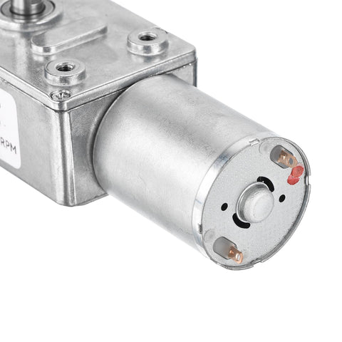 Close-up of a 12V Worm Gear Motor 120 RPM Beefy Torque Reduction Drive with 6mm D Shaft, metal casing visible